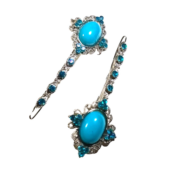 Barrette Clips Silver Tone Blue Aqua Color stone? Blue Rhinestone Set Of 2 Party - Picture 6 of 11